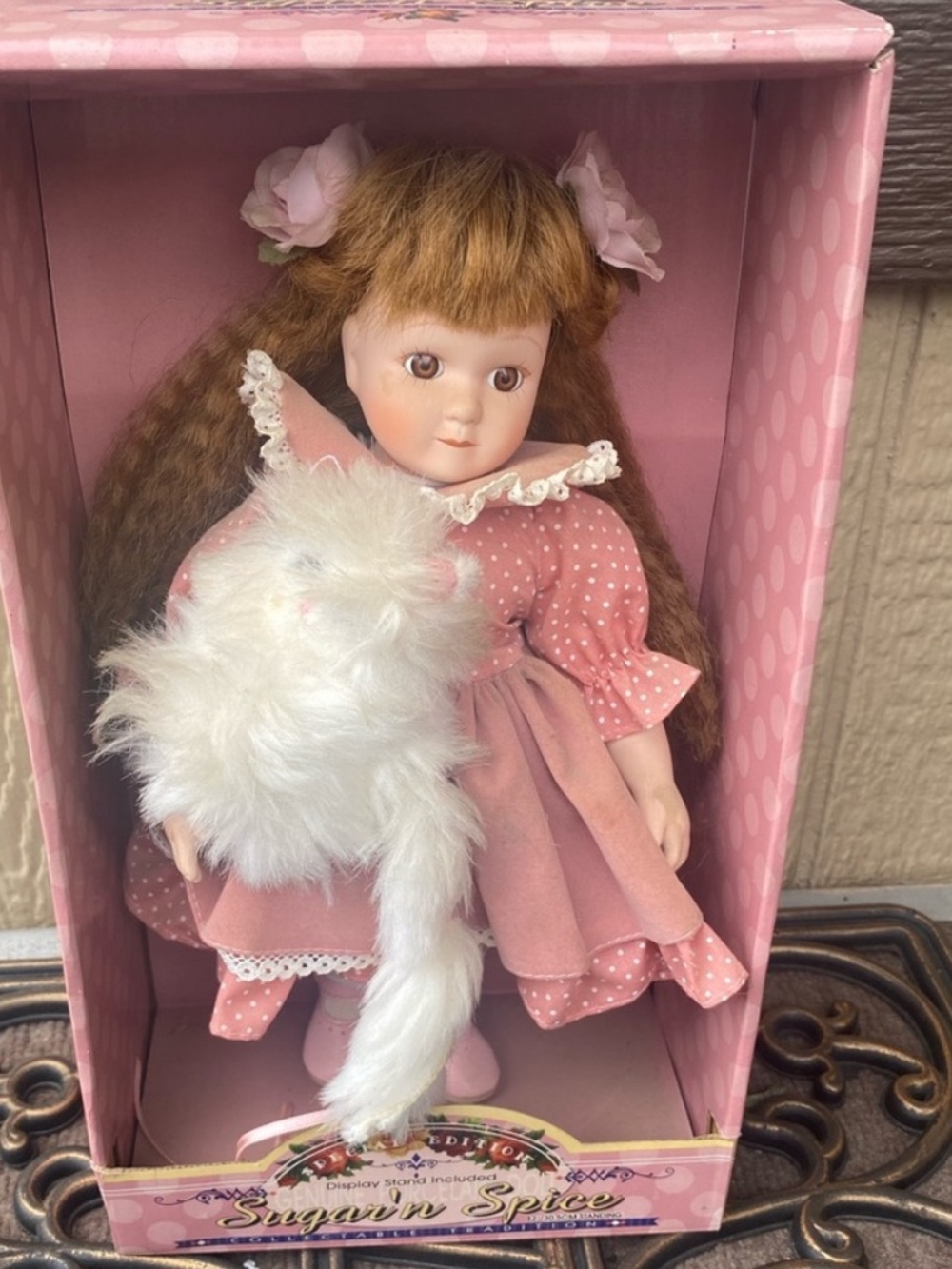 Pink Porcelain Doll with Plush Cat